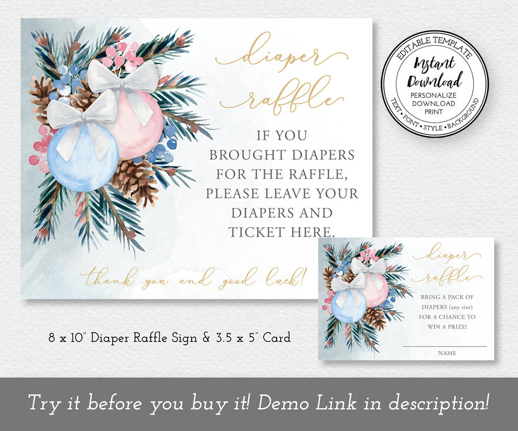 Winter gender reveal diaper raffle sign and card templates.