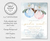 Winter gender reveal invitation template with blue and gold ornaments.