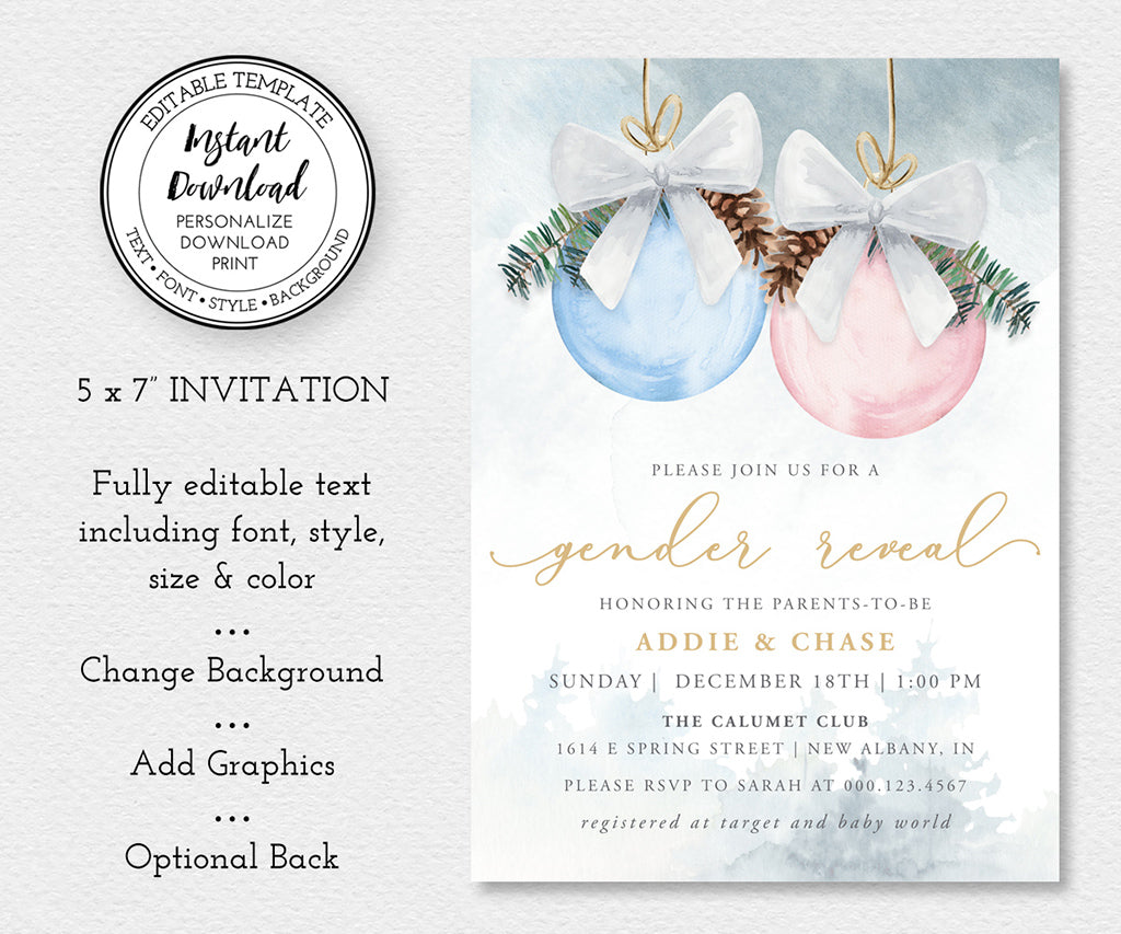 Winter gender reveal invitation template with blue and gold ornaments.