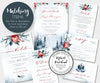 winter wedding stationery set of printable matching items, pine greenery with red flowers