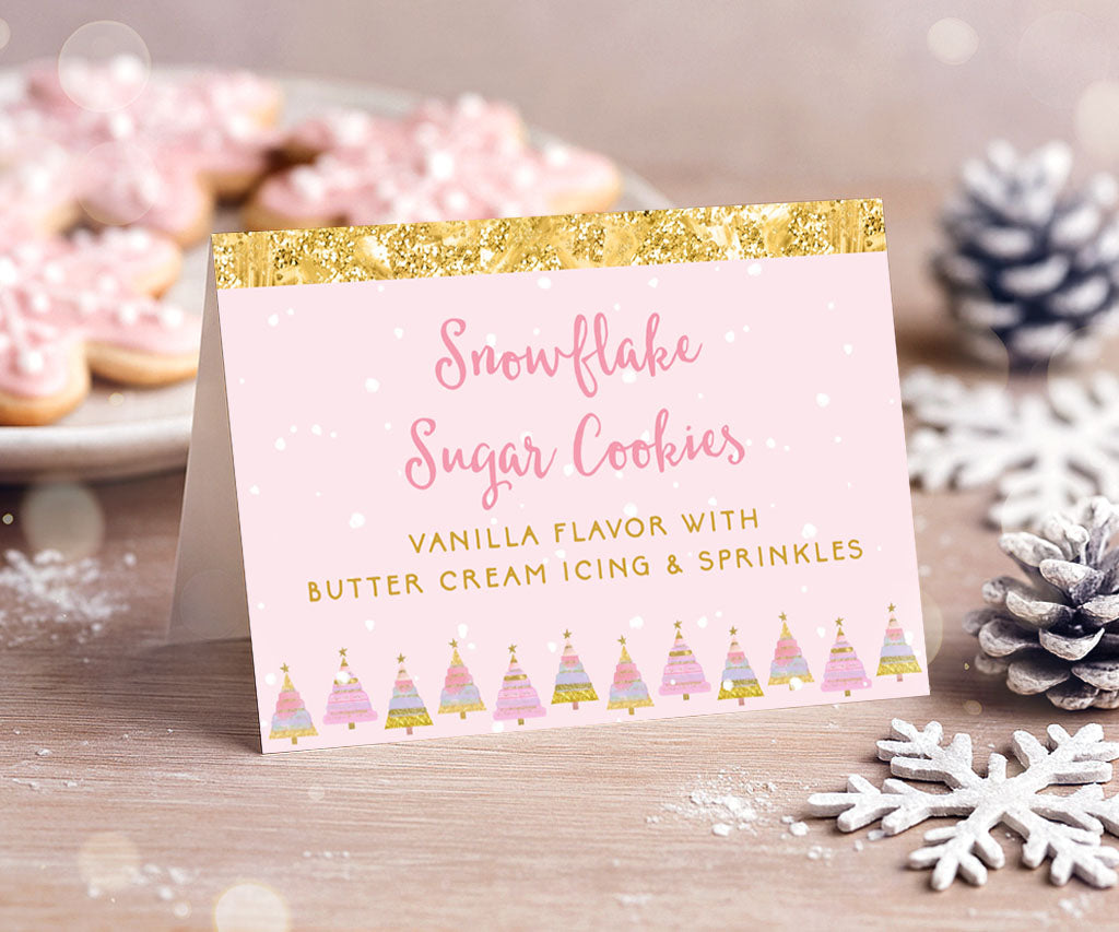Winter snowflake pink and gold food tent card for sugar cookies.