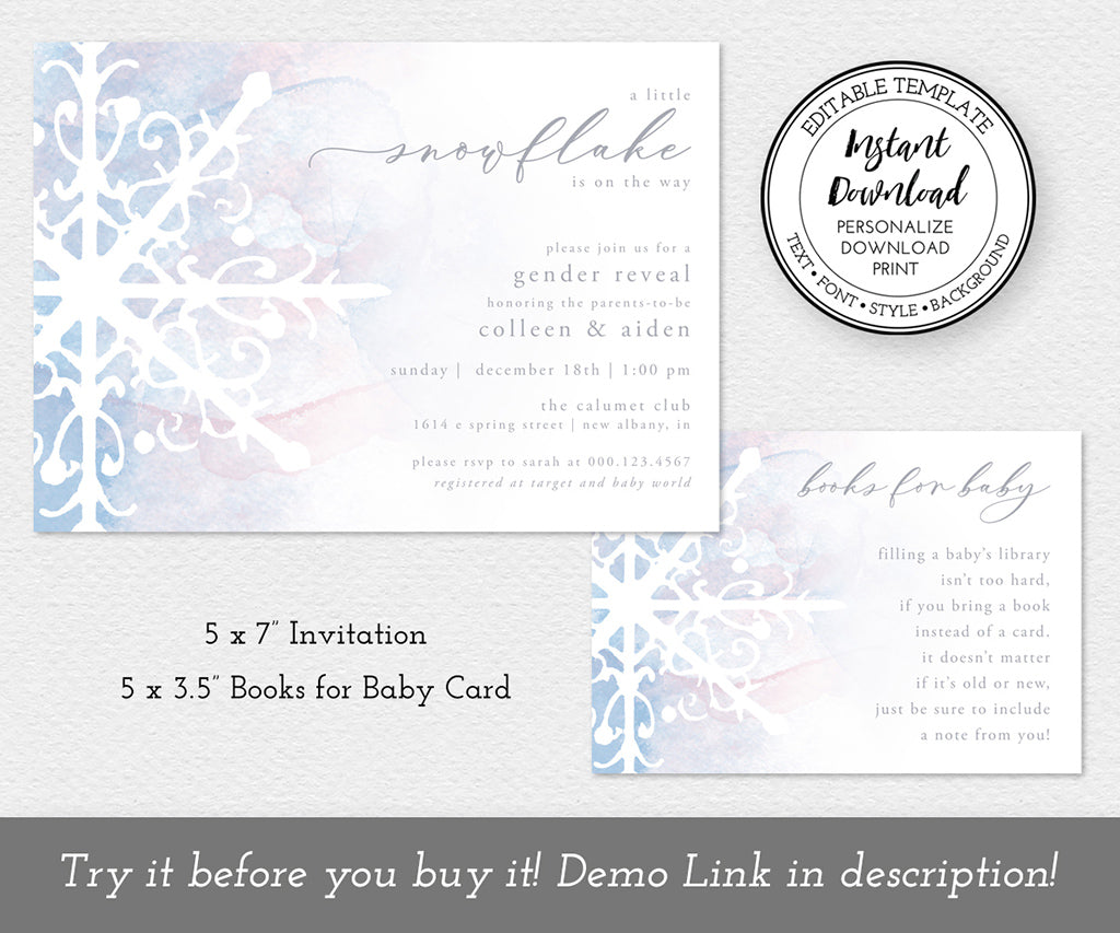 Snowflake winter gender reveal invitation and books for baby card editable templates.