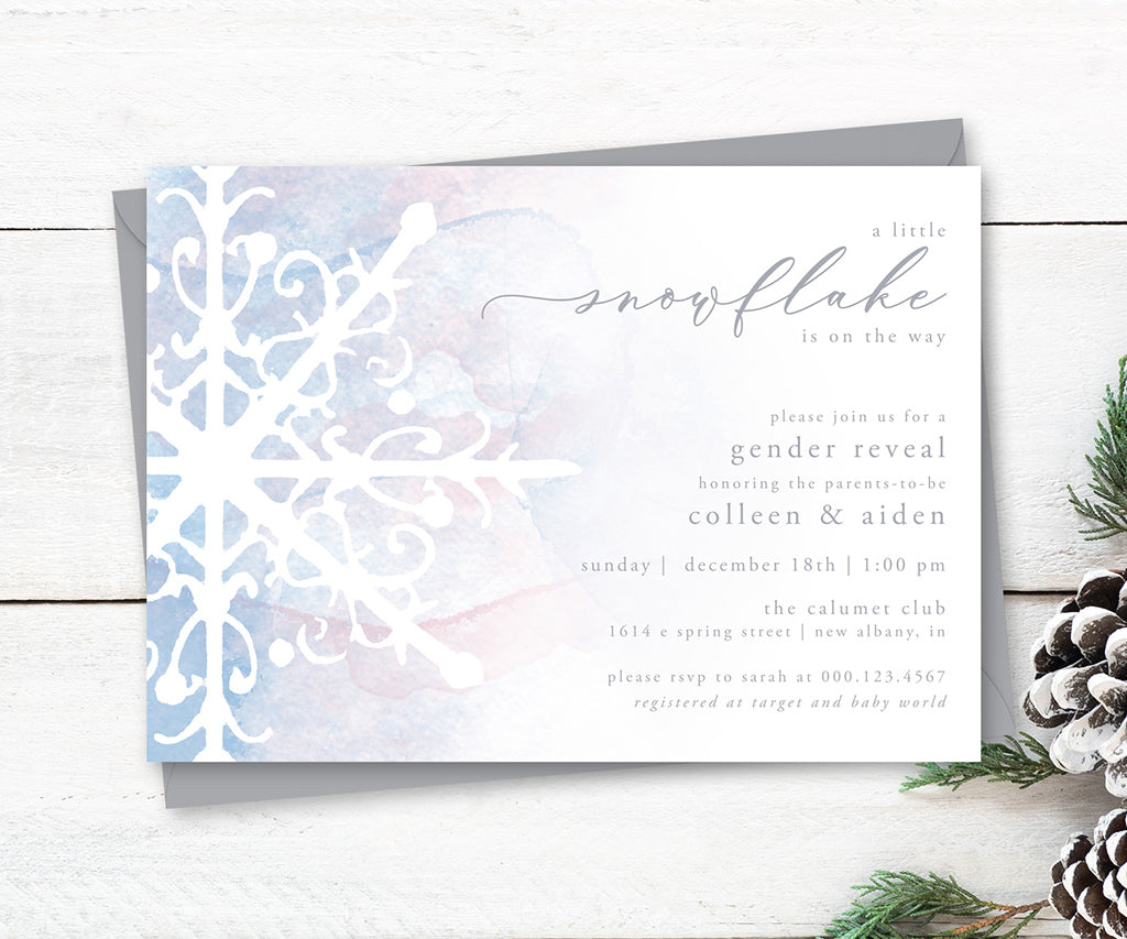 Snowflake winter gender reveal invitation.
