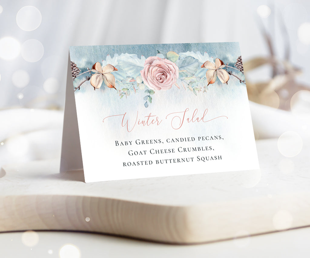 Winter wedding, shower or holiday folded buffet food card.