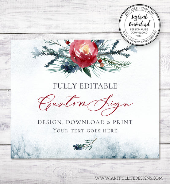 winter wedding custom sign, 8 x 10 landscape, pine greenery with red flowers