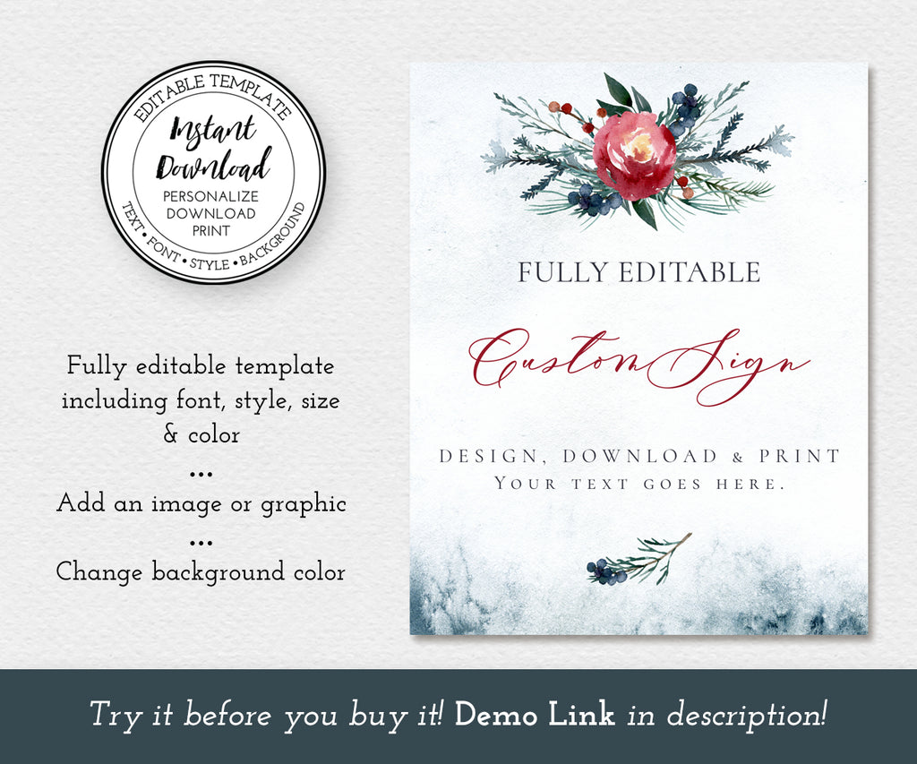 custom sign editable template, 8 x 10 portrait with pine greenery and red flowers for a winter wedding