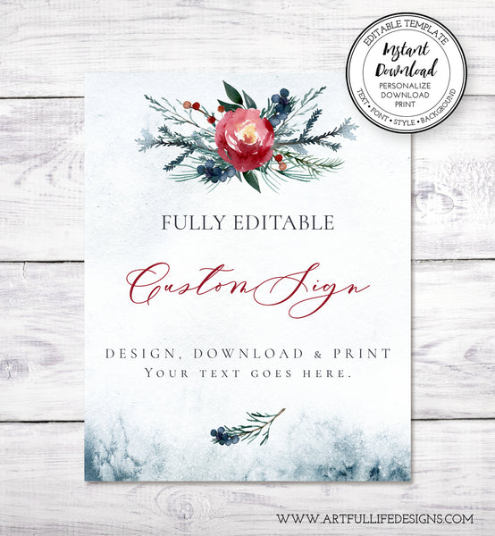 winter wedding custom sign, 8 x 10 portrait, pine greenery and red flowers