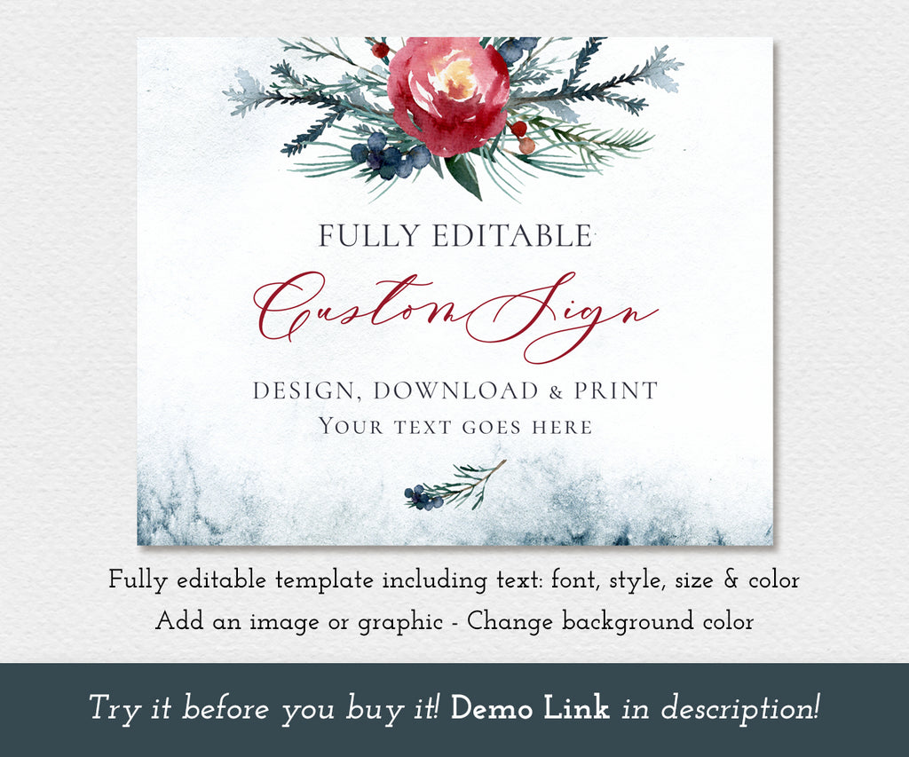 Editable custom sign template with pine greenery and red flower for a winter wedding