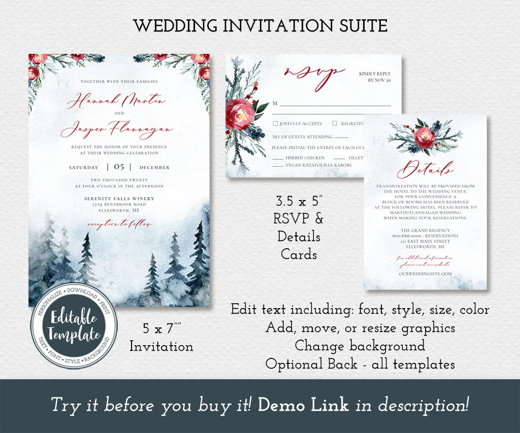 Winter wedding invitation, rsvp card, details card editable templates.