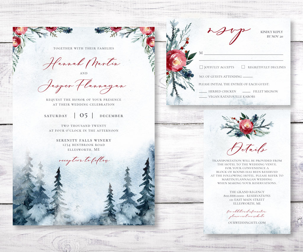 Winter wedding invitation, rsvp card, details card.