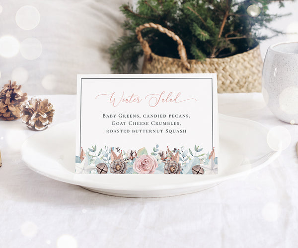 Winter holiday, wedding or shower folded  buffet food card.