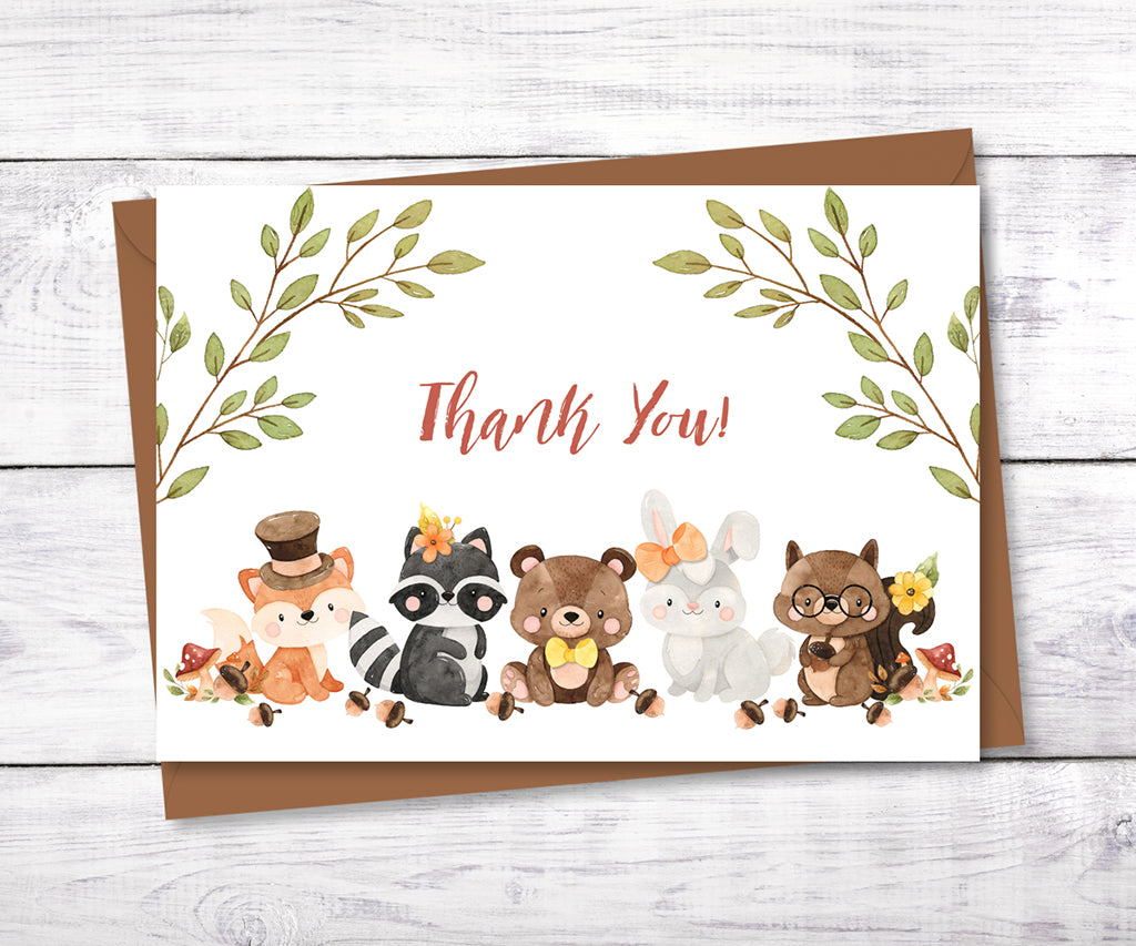Woodland baby shower thank you card with cute forest animals.