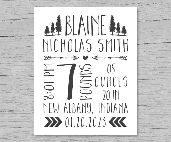 woodland tribal theme birth stats sign with trees, arrows and chevron motifs personalized with baby birth details in black and white
