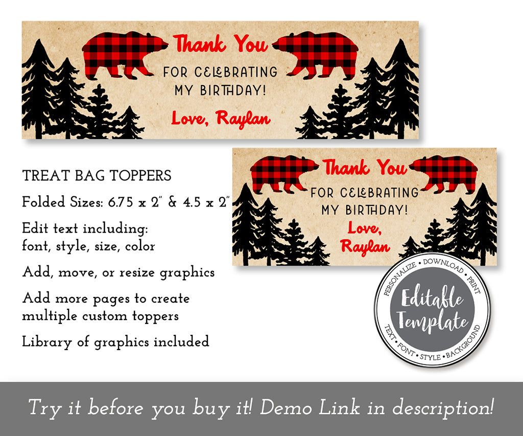 Bear woodland buffalo plaid birthday treat bag topper templates