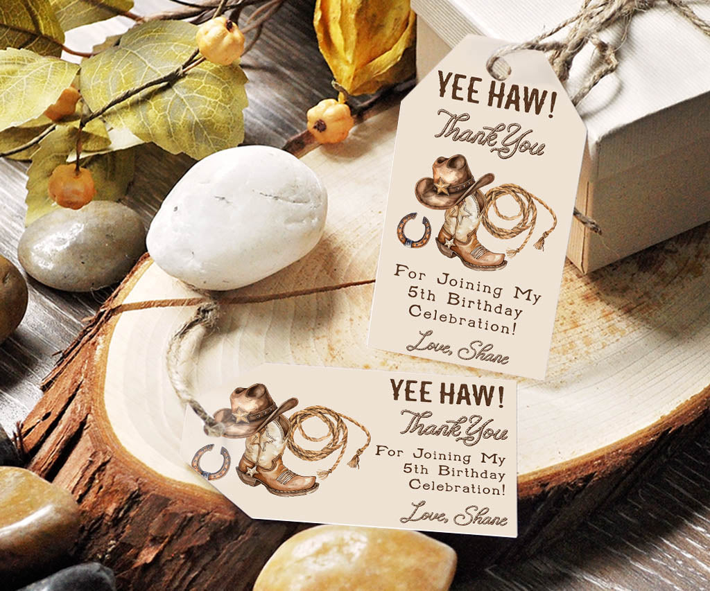 Yee Haw cowboy birthday horizontal and vertical thank you favor tags with vintage style graphics, cowboy hat, boot lasso and horseshoe.