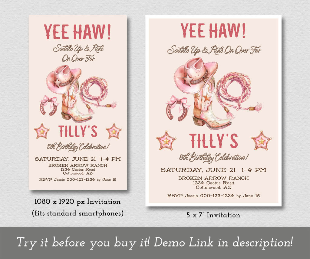 Yee Haw cowgirl western birthday invitations in pink and rose with cowgirl hat, boot, lasso and horseshoe.