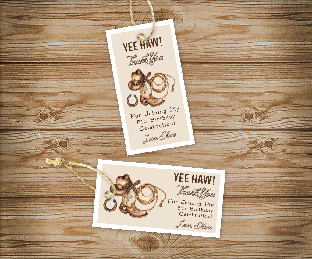 Yee Haw western birthday party favor tags, horizontal and vertical with cowboy hat, boot, lasso or horseshoe with a thank you message.