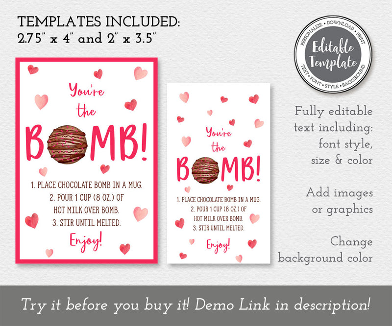 Valentine Rectangle Hot Chocolate Bomb Instruction Tags or Labels, Edi ...