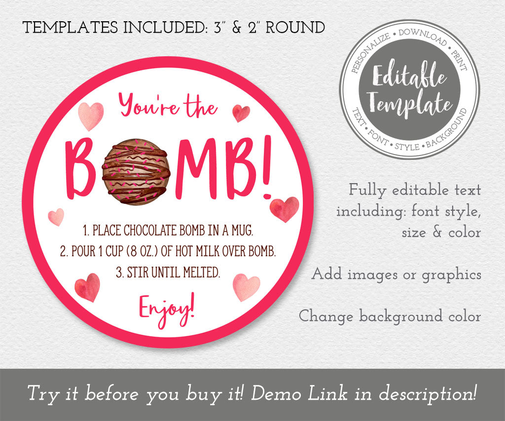 Youre the bomb valentine round chocolate bomb tag template with pink hearts.