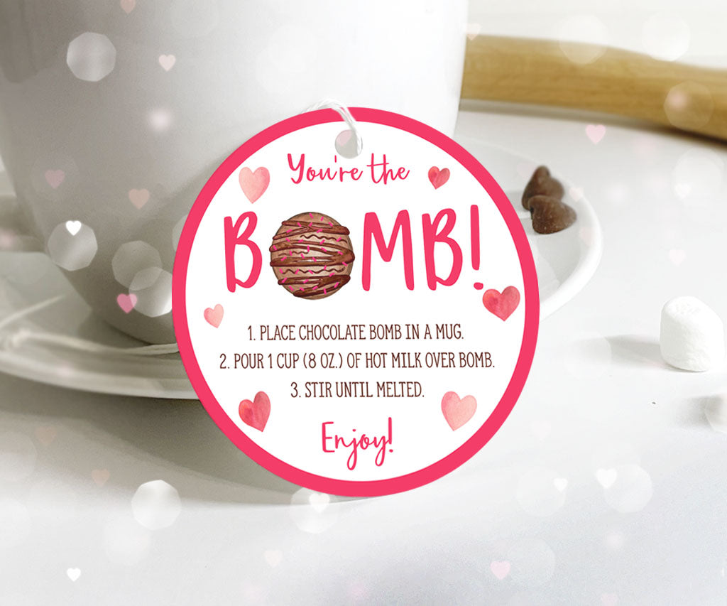 Youre the bomb valentine round chocolate bomb tag with pink hearts.