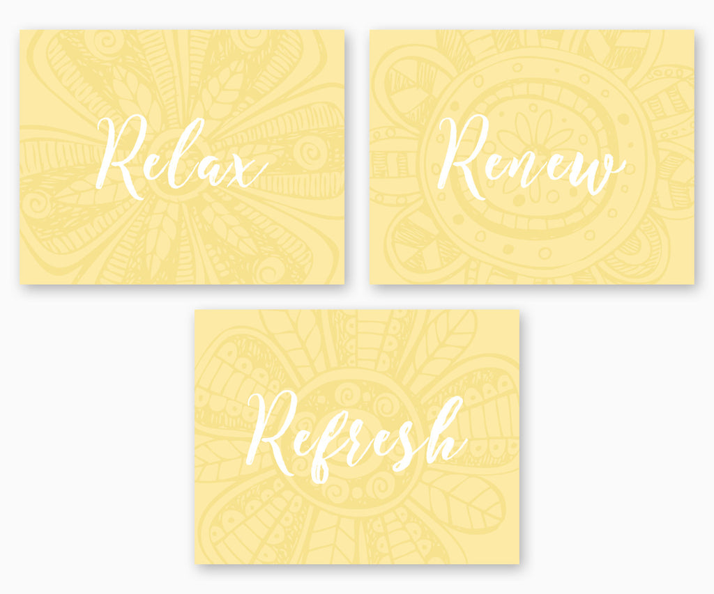 Relax Renew Refresh Bathroom Wall Art, Subtle Flowers Yellow