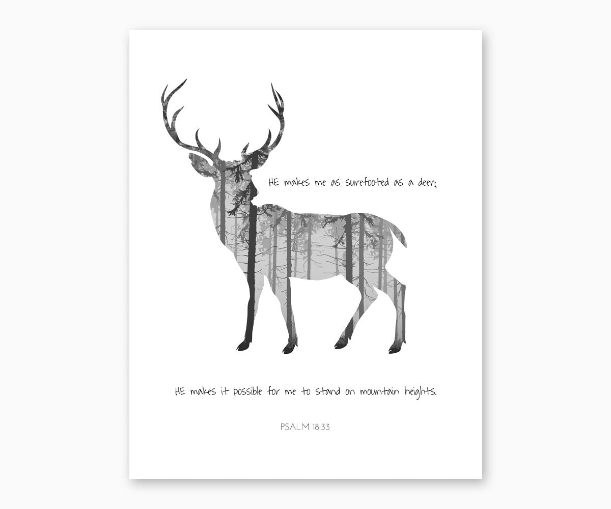 Psalm 18:33 He Makes Me Surefooted As A Deer, Christian Scripture Wall Art