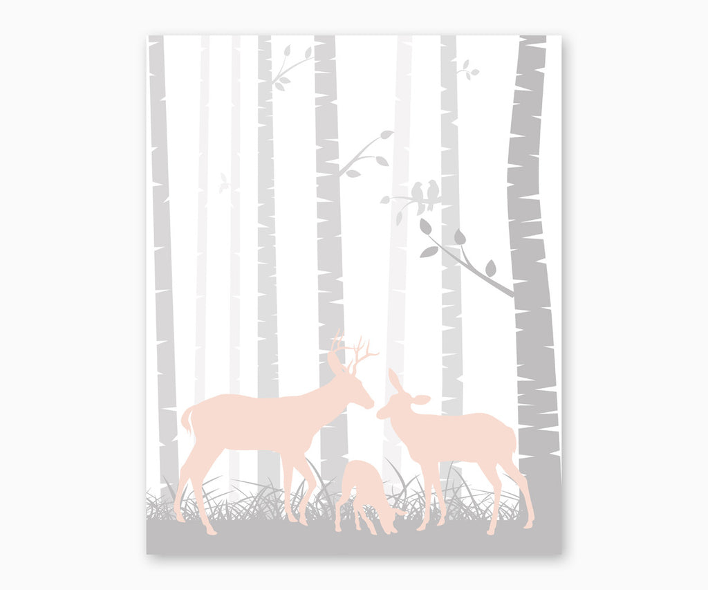 Deer Family Woodland Nursery Wall Art blush and gray