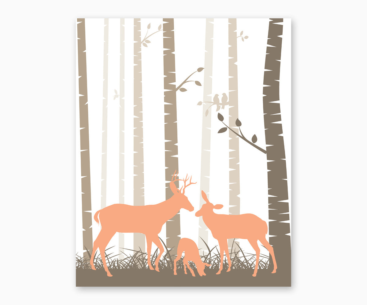 Deer Family Woodland Nursery Wall Art Taupe Apricot
