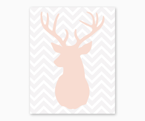 Deer Head with Antlers on Chevron Nursery Wall Art gray blush