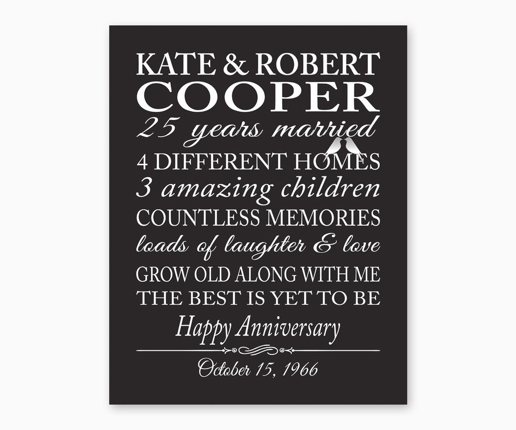 25th Anniversary Marriage Stats with Love Birds Wall Art, No texture