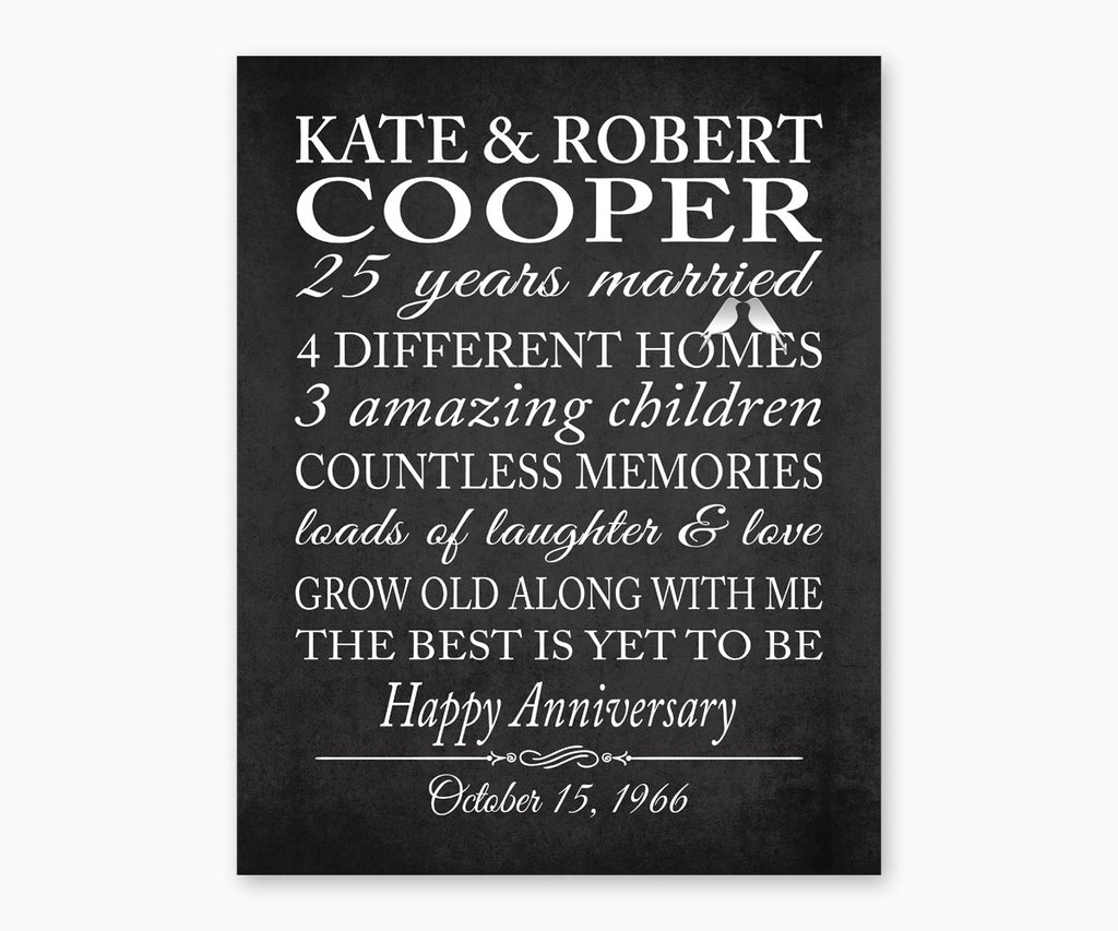 25th Anniversary Marriage Stats with Love Birds Wall Art