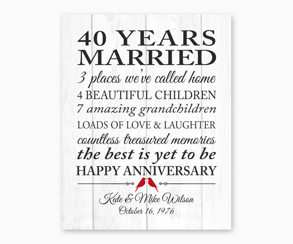 40th Ruby Anniversary Marriage Stats, Love Birds, Faux White Wood Wall Art