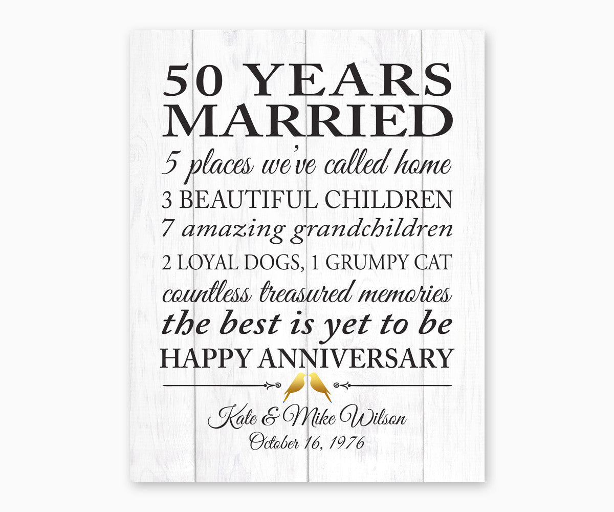 50th Anniversary Marriage Stats, Love Birds, Faux White Wood, Wall Art