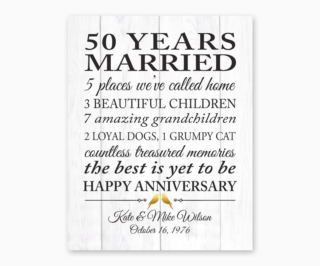50th Anniversary Marriage Stats, Love Birds, Faux White Wood, Wall Art