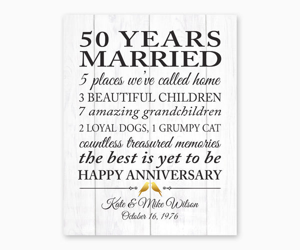 50th Anniversary Marriage Stats, Love Birds, Faux White Wood, Wall Art