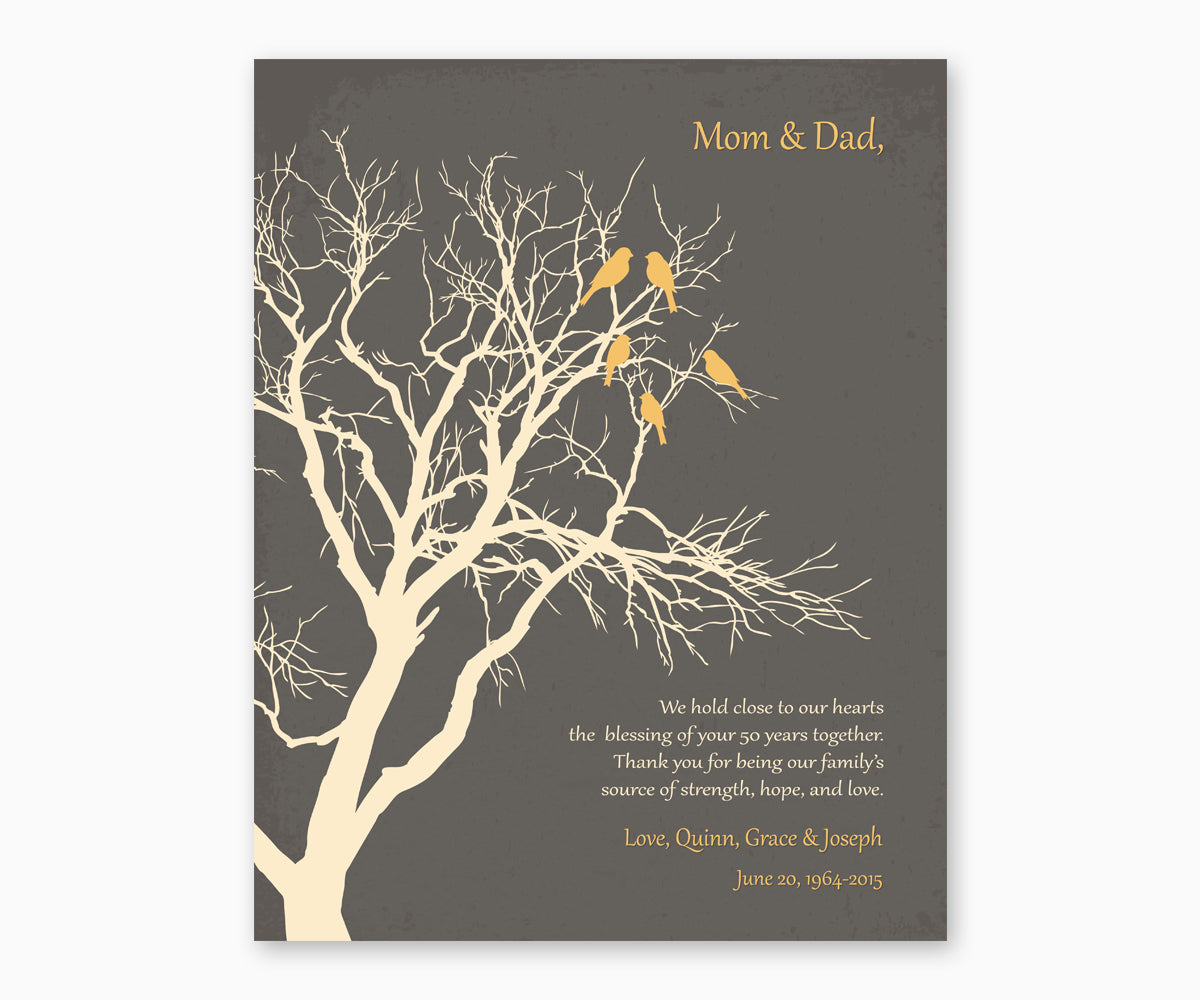 Love birds in anniversary family tree on gray background