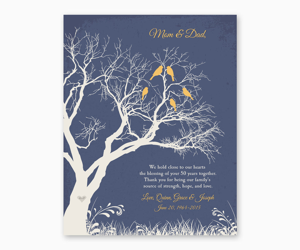 Love birds in anniversary family tree with initial hearts on blue background