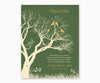 Love birds in anniversary family tree with initial hearts on green background