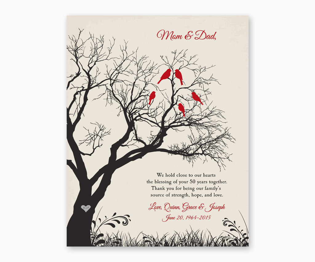Love birds in anniversary family tree with initial hearts on winter white background