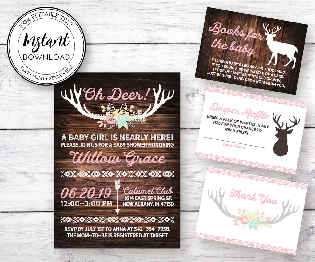 Oh Deer Baby Shower invitation, books for baby, diaper raffle and thank you card templates