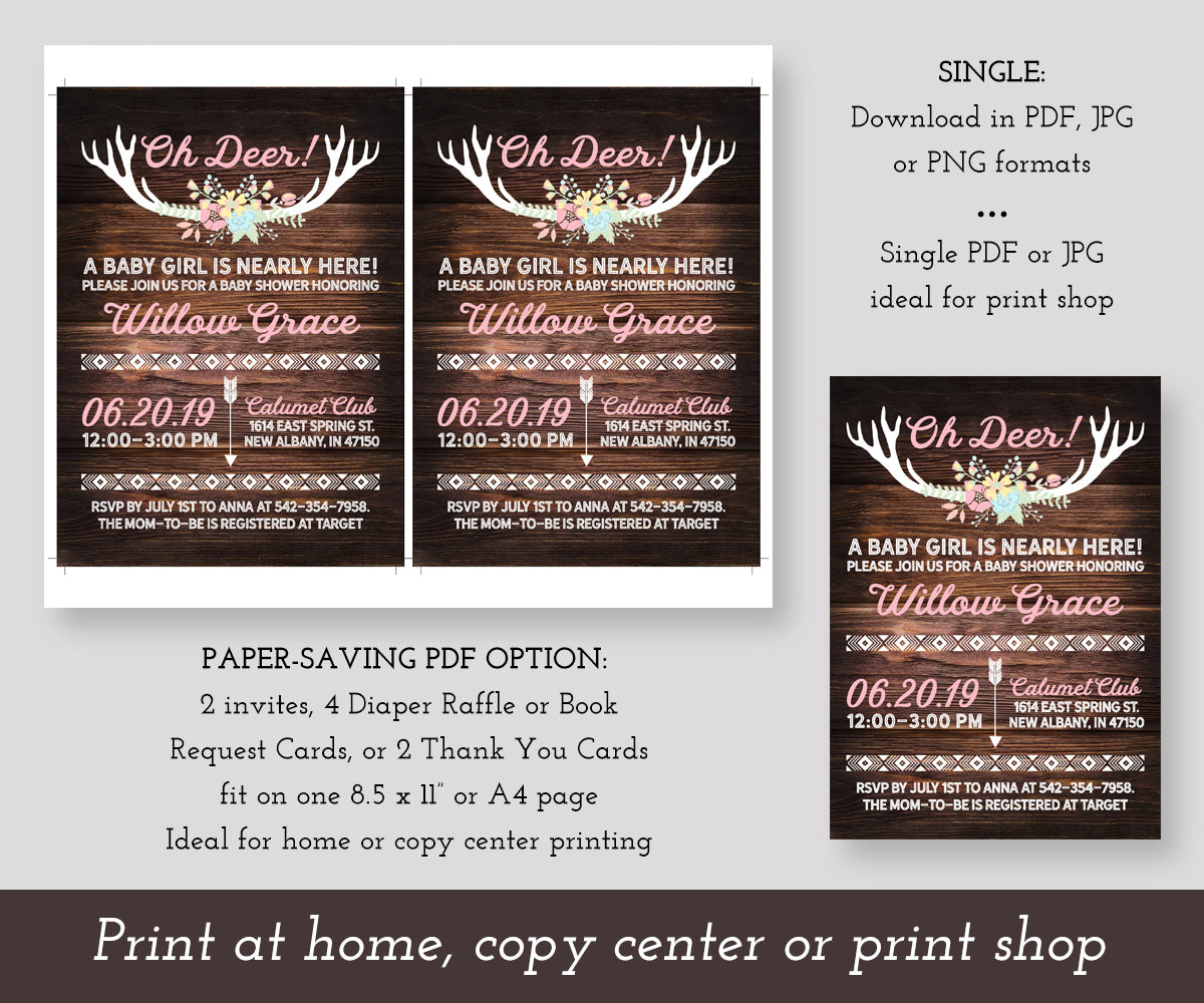 Oh Deer Baby Shower invitation template download options