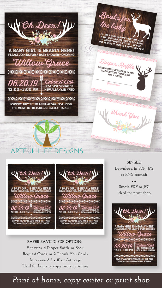 Oh Deer Baby Shower invitation, books for baby, diaper raffle and thank you card templates Artful Life Designs