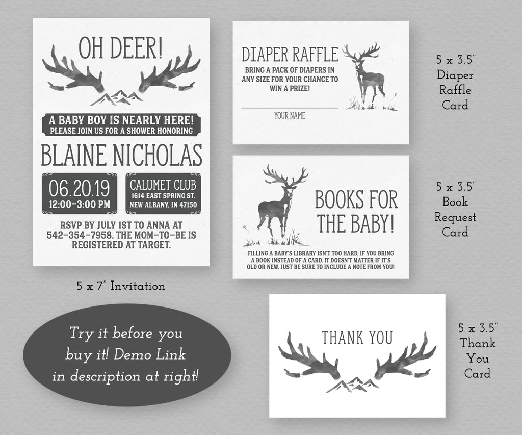 Oh Deer Rustic Baby Shower Invitation, diaper raffle, books for baby, thank you card