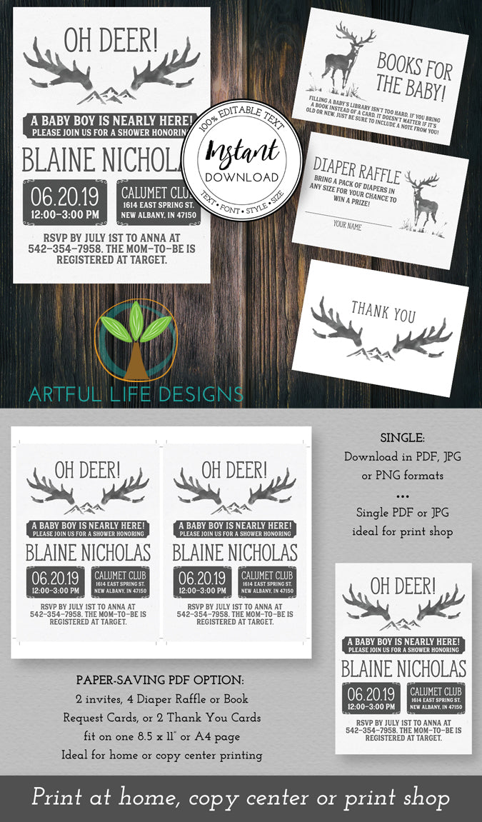 Oh Deer Rustic Baby Shower Invitation, diaper raffle, books for baby, thank you card, Artful Life Designs