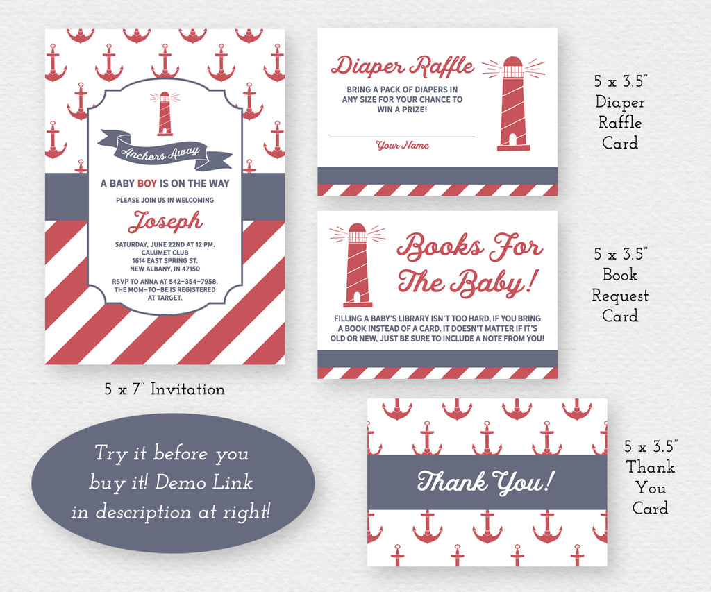 Anchors Away Nautical Baby Invitation, Diaper Raffle, Books for Baby, Thank you Editable Templates