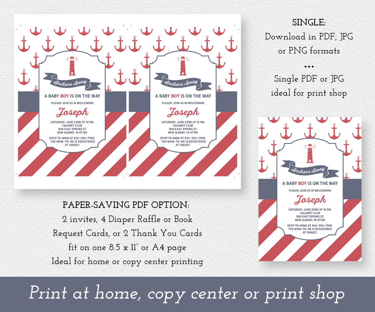 Anchors Away Nautical Baby Invitation, Editable Templates