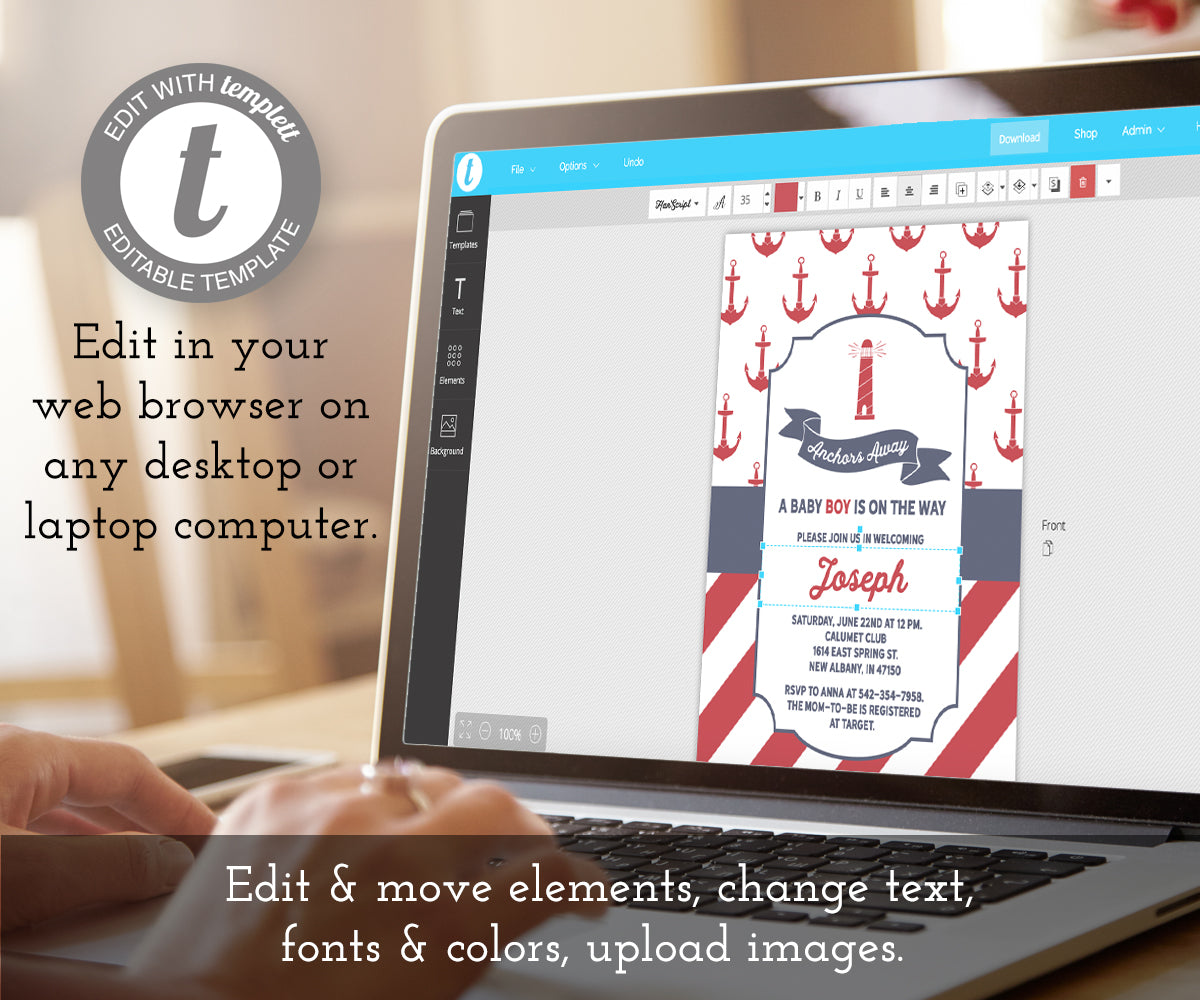 Anchors Away Nautical Baby Invitation, Editable Template