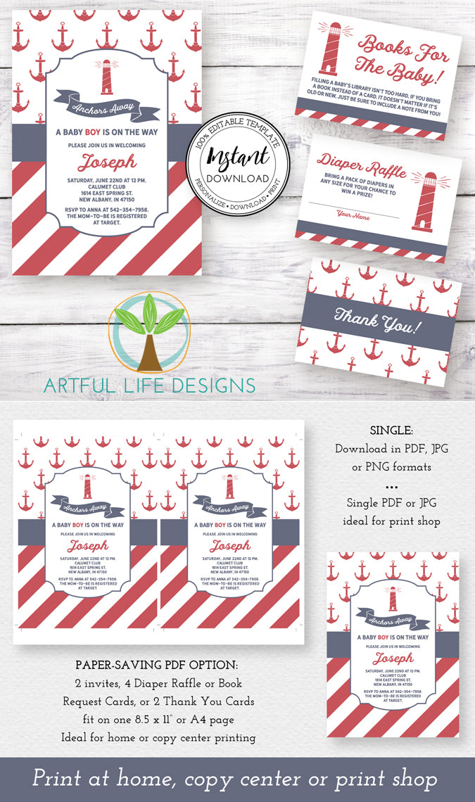 Anchors Away Nautical Baby Invitation, Diaper Raffle, Books for Baby, Thank you Editable Templates, Artful Life Designs