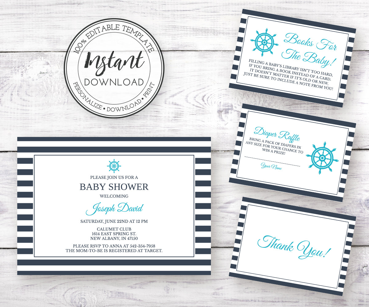 Nautical Baby Shower invitation, diaper raffle, books for baby, thank you card editable templates