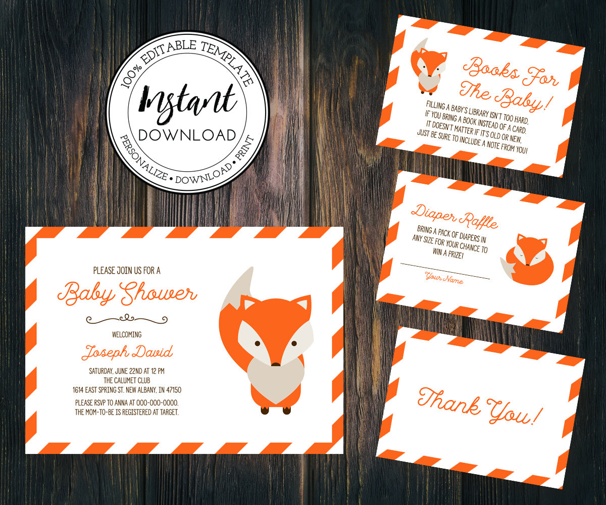 Fox Baby Shower Invitation, diaper raffle, books for baby, thank you editable templates